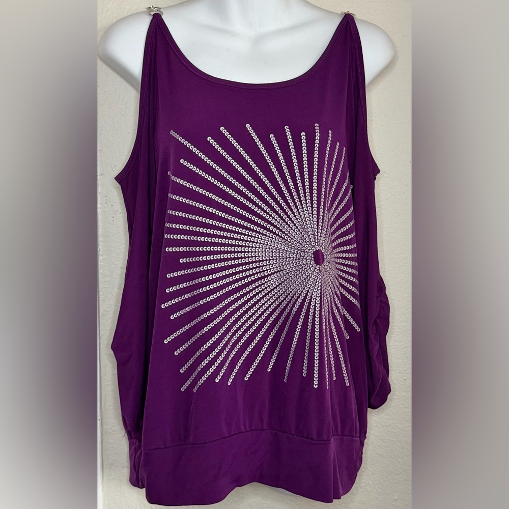 Dots Purple Print Cold Shoulder Metal Strap Blouse Size L